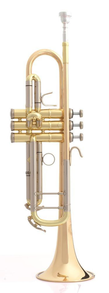 Gold lacquered B&S Challenger I trumpet with brass body, Monel valves, and ML bore, featuring gold brass leadpipe and bell.